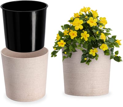 KADAX Bloempot met houten spaanplaat, bloempot met inzetstuk, pot, tuinschaal, bloembak, bloempotbescherming voor woonkamer, kantoor (diameter 19 cm, crème)