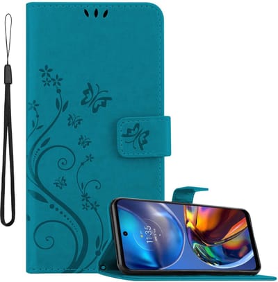 Cadorabo Hoesje geschikt voor Motorola MOTO E32 4G / E32S in Blauw - Beschermhoes in bloemmotief met magnetische sluiting, standfunctie en kaartsleuven Book Case Cover Etui