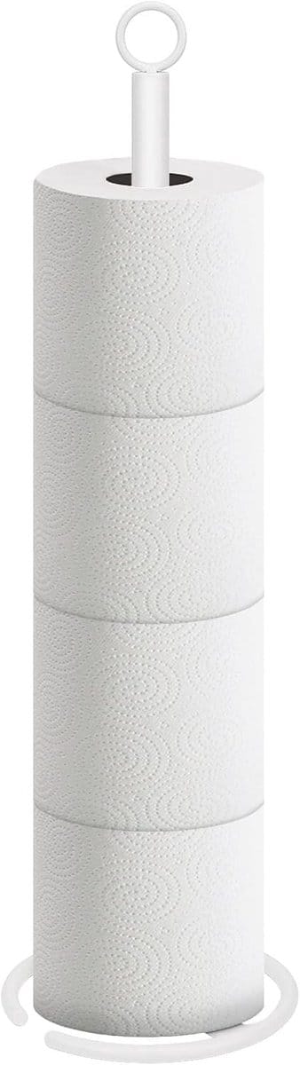 Houder voor badtoiletpapier, vrijstaande opslag van tissuepapier met reserve, ruimte toilet 4 rollen houder voor badkamer/keuken aanrechtblad, volledig metaal (1 pak, wit)