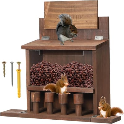 Houten Eekhoorn Voeder Tafel 16x6x13 inch, Noten Bar voor Eekhoorns met 4 Krukjes voor Maïs en Pinda's, Donkerbruin Voederstation