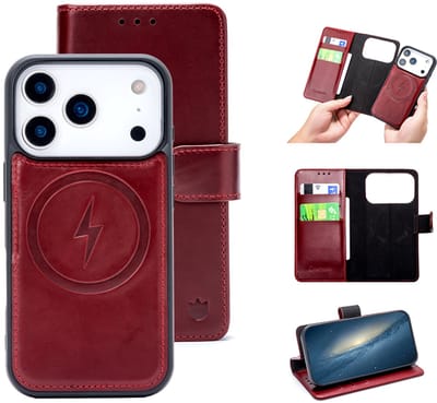 Casemania Echt Leren Hoesje Geschikt voor Apple iPhone 17 Pro - Maroon Red - Geschikt voor MagSafe - Leer 2 in 1 Magnetisch Afneembare Book Case - Portemonnee Telefoonhoesje met Pasjeshouder