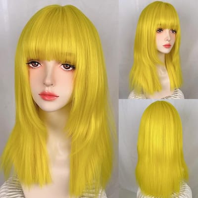Groen Blauwe Synthetische Lange Steile Damespruik met Pony Lolita Cosplay Pluizige Hittebestendige Pruik voor Dagelijkse Feestjes geel