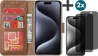 Hoesje met Privacy Screenprotectors 2 Stuks Geschikt voor iPhone 15 Pro Max – Arara bookcase met pasjeshouder - Bruin