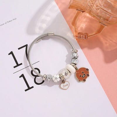 Duurzaam LINE FRIENDS BT21 Kpop Anime Stijl Roestvrij Staal Armband Koreaanse Stijl Cartoon DIY Jeugd Hartvormig Hanger Kristallen Armband beige