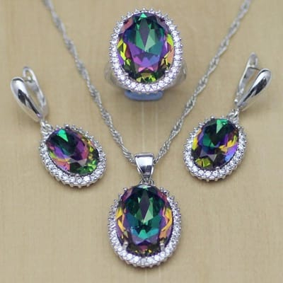 Mystic Rainbow Fire Zircon Sieradenset Vrouwen 925 Sterling Zilveren Sieraden Bruiloft Oorbellen/Hanger/Ketting/Ringen T233 8 gray