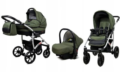 BabyLux® Kinderwagen 3in1 – LARGO - OLIVE BLACK SILVER FRAME - Opklapbare Wandelwagen incl. Reiswieg, Multifunctionele Buggy Sportstoel, Autostoel - Combi-kinderwagen met Luiertas, Regenhoes, Klamboe, Bekerhouder, etc.