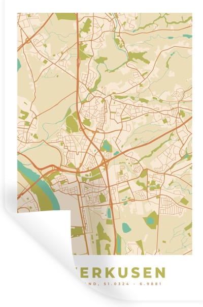 Muurstickers - Sticker Folie - Stadskaart - Leverkusen - Vintage - Kaart - Plattegrond - 20x30 cm - Plakfolie - Muurstickers Kinderkamer - Zelfklevend Behang - Zelfklevend behangpapier - Stickerfolie