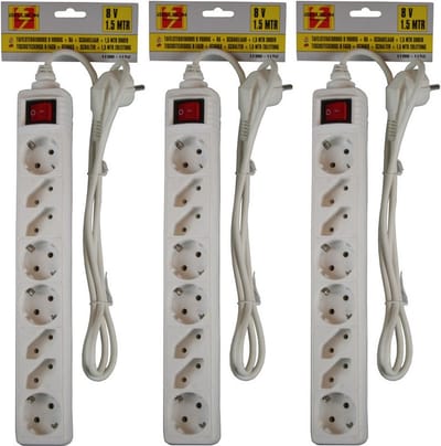 Benson stekkerdoos - 3x - 8-voudig - wit - 1,5 meter - 4 platte en 4 ronde stekkers - met schakelaar
