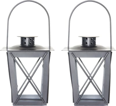 Flancy Flames Windlicht - 2x - ijzer - zilverkleurig - 12x16 cm - lantaarn - tuinverlichting