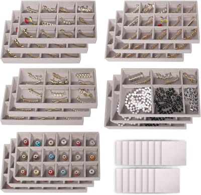 15-Delige Sieraden Organizer Set voor Laden - Stapelbare Fluweel Bakjes voor Ringen, Oorbellen en Kettings