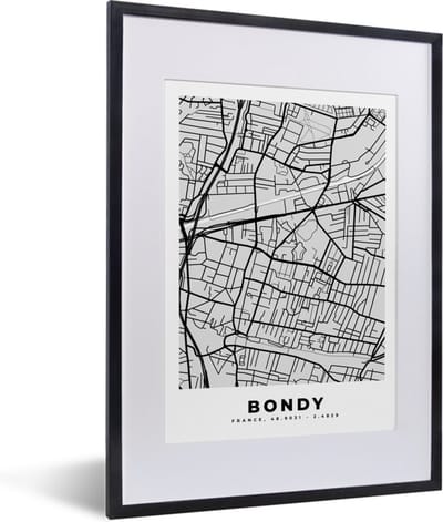 Fotolijst incl. Poster - Plattegrond - Bondy - Stadskaart - Kaart - Frankrijk - 30x40 cm - Posterlijst