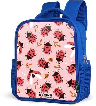 NoBoringSuitcases.com® - Rugzak blauw - Schooltas jongens - Rode lieveheersbeestjes op roze achtergrond - Kinder rugtas jongen - Boekentas kind - Kinderrugzak voor school - Schoolrugzak