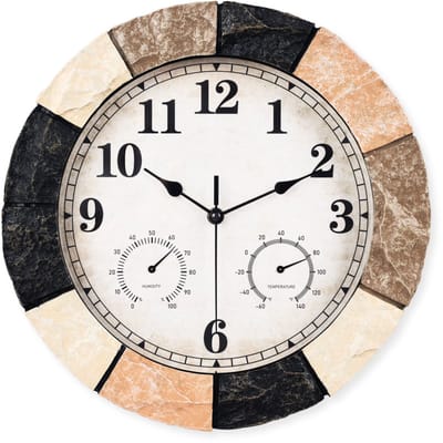 SensaHome Wandklok YS1001 – Waterdichte Steenlook Resin Buitenklok – Ronde Outdoor Klok – Ø33cm – Oranje