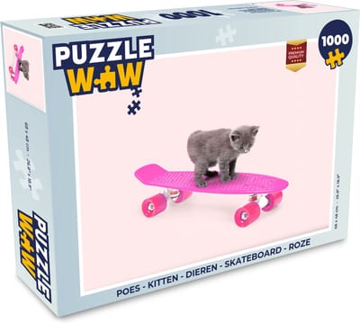 Puzzel Poes - Kitten - Dieren - Skateboard - Roze - Legpuzzel - Puzzel 1000 stukjes volwassenen