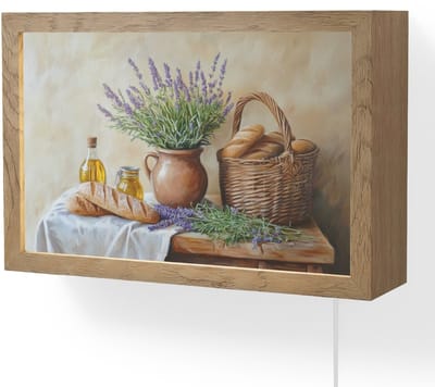 Wandlamp 30x20 cm - Oplaadbaar - Lavendel - Brood - Stilleven - Wandlampen binnen woonkamer - Slaapkamer lamp met kabel - Decoratieve nachtlamp - Vloerlamp snoer