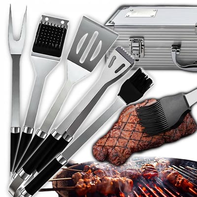 Renew Force BBQAS-PLUS Grill Accessoireset – 5-delig – Roestvrijstaal – Incl. Luxe Aluminium Koffer – BBQ Gereedschap met Borstel, Tangen, Vork, Spatel & Marinadekwast