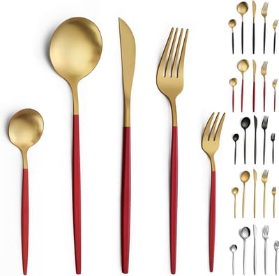 Candala bestekset, 30-delige bestekset 6 personen, roestvrijstalen bestekset, bestek goud en rood mat, besteksets, bestek met mes, vork, lepel, vaatwasmachinebestendig