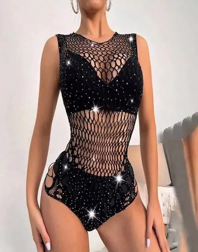 Cindylove - Visnet Body met Glitters - One size - Zwart