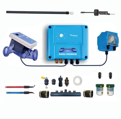 POOLTRONICS Automatisch Zoutelectrolyse pH Dosering Systeem met WIFI – Zwembad Waterbehandeling met zoutwater 10g/u – Gezonder Chloor Alternatief – Voor Inbouw & Opzet Zwembad tot 50m³ – Zelfbouwpakket Met Flow Switch / Level Switch