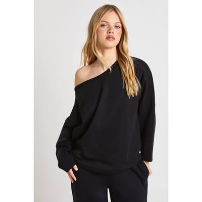 boohoo Dames Petite Interlock Off-shoulder Sweatshirt | Zwart | Maat: XS