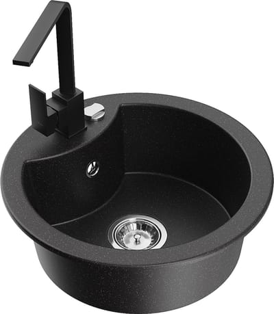 Mexen Diego granieten spoelbak 1-komerig met keukenkraan Rita, zwart/zilver metallic - 6512-73-670300-70