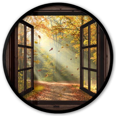 Poster in lijst Rond - Fotolijst 40x40 cm - Posters - Bos - Bomen - Herfst - Zon - Herfstbladeren - Natuur - Doorkijk - Ronde posterlijst zwart - Decoratie - Wanddecoratie woonkamer - Muurdecoratie slaapkamer