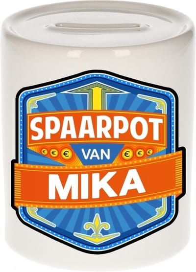 Bellatio Decorations Kinder spaarpot met naam - Mika - keramiek - met dop - wit - Sparen - Spaargeld van Mika