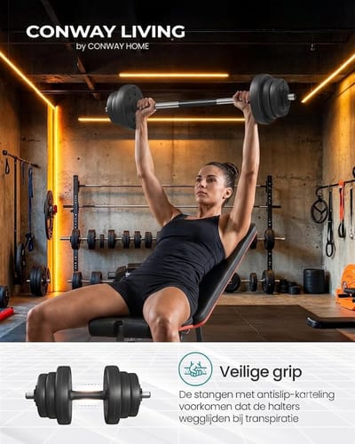 Conway Living® Halter en Dumbells Gietijzer - Dumbells set Verstelbare - Halterset 20 kg - Halterstang met Gewichten - Zwart - Anti Slip