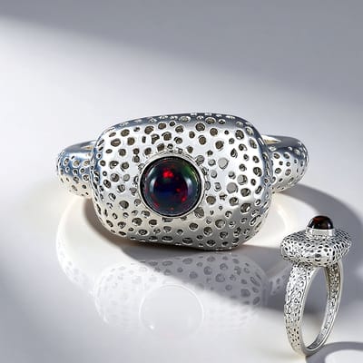 Cavill - Zilveren Ring met Mezezo Opaal 0,366 ct - 925 Sterling Zilver Geplatineerd - Ronde Cabochon - Modern Elegant Design - Sieraden voor Dames