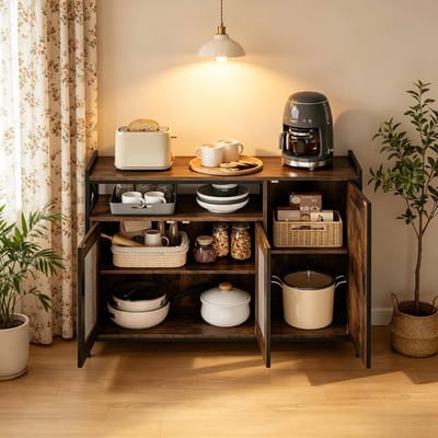 FloraGrace Keukenkast - Dressoir Met Open Vak En 2 Deurkasten - Voor Keuken Of Woonkamer - Houtcomposiet En Metaal - 110x33x75 Cm - Rustiek Bruin