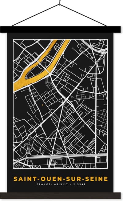 Posterhanger incl. Poster 40x60 cm - Schoolplaat - Kaart - Stadskaart - Plattegrond - Saint-Ouen-sur-Seine - Frankrijk - Textielposter - Zwarte latten - Stadskaart