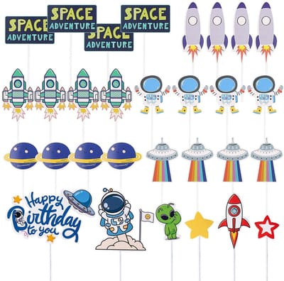 Dailygoods- Cake Decoratie Set - 30 Stuks Ruimte Thema - Astronaut/Raket/Ruimteschip - Kinderverjaardagen - Themafeesten - Veilig Karton - Taartdecoratie