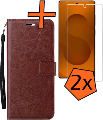 Hoes - Met 2x Screenprotector - Geschikt voor Samsung Galaxy S25 Ultra - Luxe Pasjeshouder - Bookcase Portemonee - Flip Case - Kunstleer Book Case - Flipcase Hoes - Book Cover - Walletcase - PortemonneeHoes - Bruin
