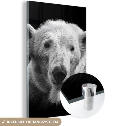 MuchoWow® Glasschilderij 120x180 cm - Schilderij acrylglas - IJsbeer - Dier - Zwart - Wit - Foto op glas - Schilderijen