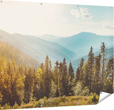 Gards Tuinposter Bos met Bomen in de Hoge Bergen - 150x120 cm - Tuindoek - Tuindecoratie - Wanddecoratie buiten - Tuinschilderij