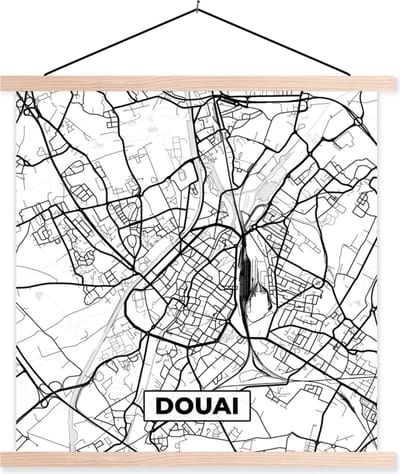 Posterhanger incl. Poster 40x40 cm - Schoolplaat - Frankrijk - Douai - Stadskaart - Plattegrond - Kaart - Zwart wit - Textielposter - Blanke latten - Stadskaart