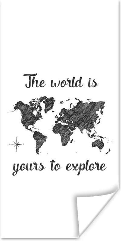 Wereldkaart Muur - Wereldkaart - Zwart - Spreuken - 40x80 cm - Poster