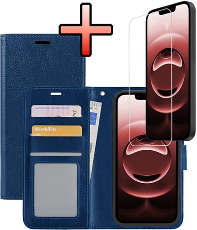Hoesje - Met Screenprotector - Geschikt voor Apple iPhone 16e / 17e - Luxe Pasjeshouder - Bookcase Portemonee - Flip Case - Kunstleer Book Case - Flipcase - Book Cover - Walletcase - Portemonneehoes - Donkerblauw