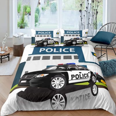 Politieauto Koning Koningin Dekbedovertrek Cartoon Zwart Politieauto Beddengoed Set Jongens Rood Blauw Politielichten 2/3 stuks Polyester Dekbedovertrek 70x133cm 2pcs
