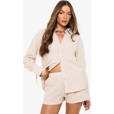 boohoo Dames Gestreept overhemd met manchetten met strik & korte broek set | Steen | Maat: 34