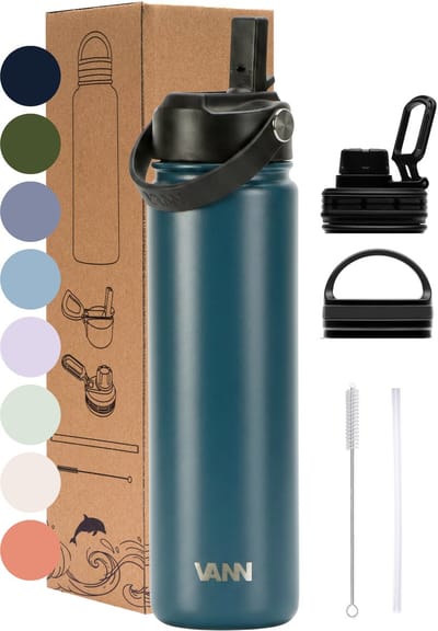 VANN® 3-Wandige RVS Drinkfles 650 ML met rietje voor volwassenen – Met 5 accessoires – Thermosfles – 24 uur koud/12 uur warm – Nordic Sea – VANN Ultimate Bottle®