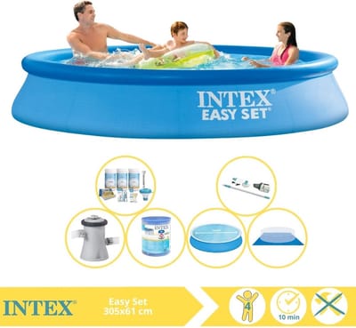 Intex Rond Opblaasbaar Easy Set Zwembad - 305 x 61 cm - Blauw - Inclusief Pomp - Solarzeil - Onderhoudspakket - Filter - Grondzeil - Stofzuiger - 7-delig