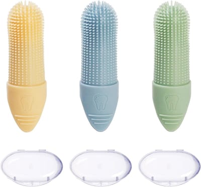 Famanu – Set van 3 Vingertandenborstels met 3 Transparante Opbergdozen – Zachte Siliconen Vingerborstels voor Dagelijkse Mondverzorging bij Honden en Katten