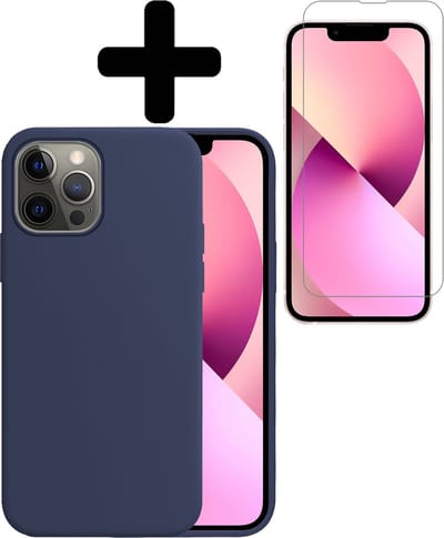 Hoesje - Met Screenprotector - Geschikt voor Apple iPhone 14 Pro - Sterk & Shockproof - Back Cover - Siliconen Case - Telefoon Hoes - Telefoonhoesjes - Donkerblauw