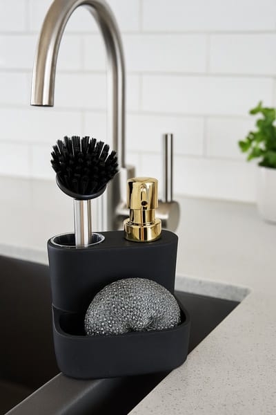 Mevaz 3-in-1 Keuken Organizer – Zeepdispenser met Afwasborstel en Spons – Modern Design – Zwart met Gouden Pomp – Luxe Marmerlook