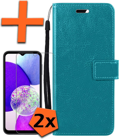 Hoes - Met 2x Screenprotector - Geschikt voor Samsung Galaxy A14 - Luxe Pasjeshouder - Bookcase Portemonee - Flip Case - Kunstleer Book Case - Flipcase Hoes - Book Cover - Walletcase - PortemonneeHoes - Turquoise