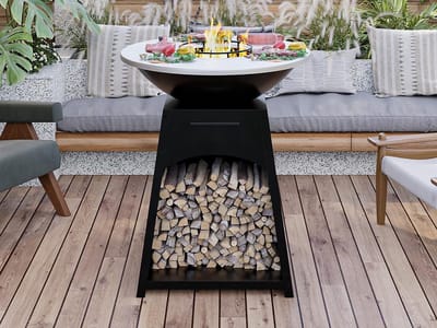 Vente-unique Barbecue plancha brasero op houtskool en hout met opbergruimte in staal - L81 x B81 x H96 cm - Zwart - CORVERA