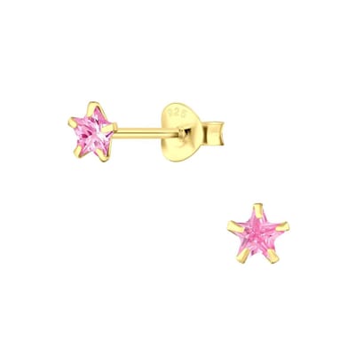Joy|S - Zilveren petit ster oorbellen - 4 mm - zirkonia roze - gold plated - kinderoorbellen