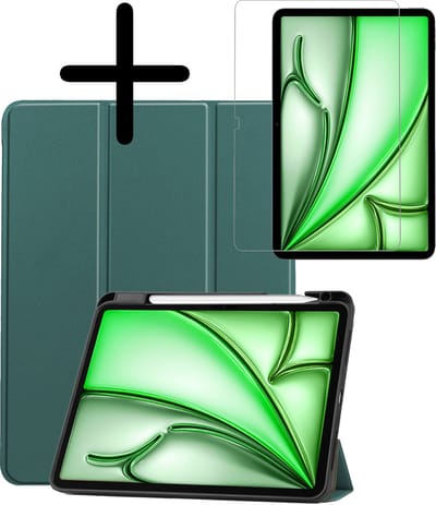 Hoesje Geschikt voor Apple iPad Air 6 (2024) - 11 inch - 6e Generatie - M2 - Met Screenprotector - Trifold Bookcase - Hard Cover Case - Met Uitsparing Geschikt voor Apple Pencil - Hardcover Book - Tablet Hoes - Donkergroen