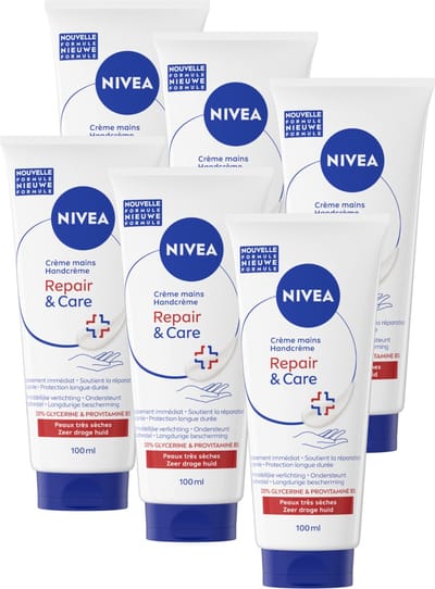 NIVEA Repair & Care Handcrème Droge Handen - Handverzorging - Hand Cream - 24 uur lange hydratatie - voor de droge huid - 6 x 100ml